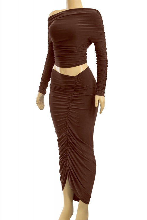 Sahara Ruched Midaxii Skirt Set Brown - Style Delivers