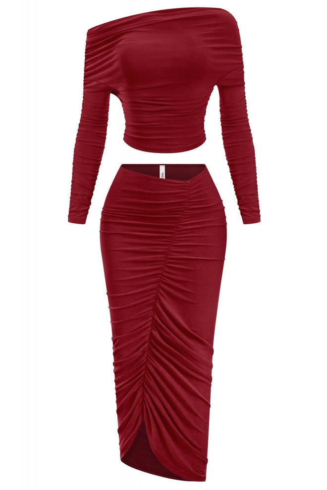 Sahara Ruched Midaxii Skirt Set Burgundy - Style Delivers