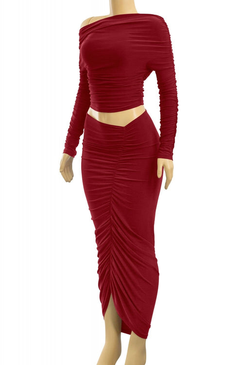 Sahara Ruched Midaxii Skirt Set Burgundy - Style Delivers