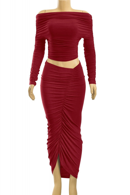 Sahara Ruched Midaxii Skirt Set Burgundy - Style Delivers