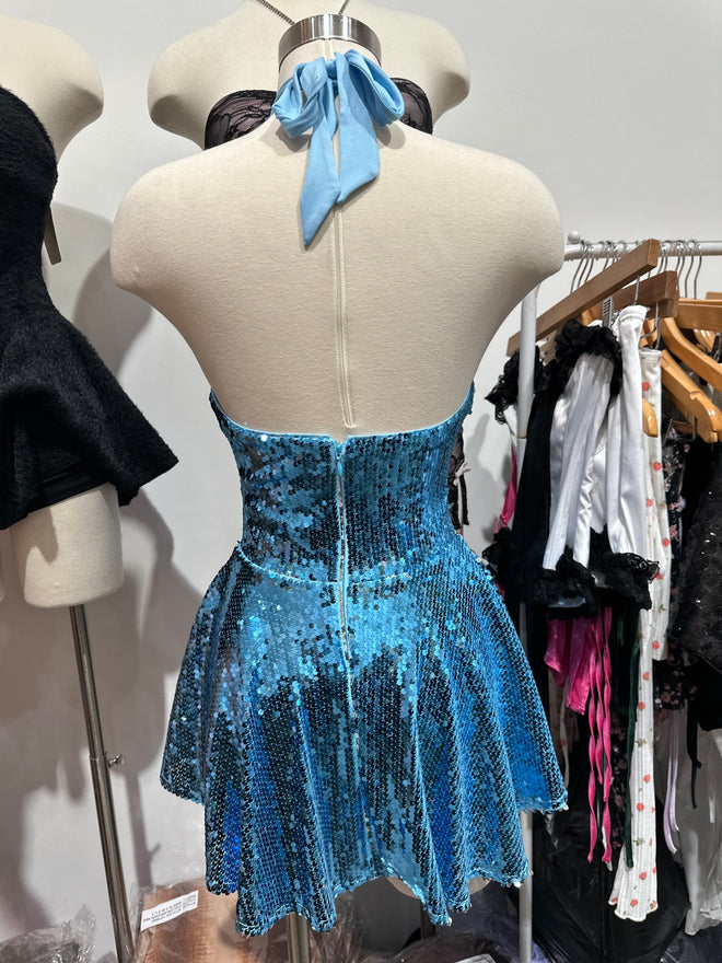 Sabrina Sequin Halter Mini Dress Blue - Style Delivers