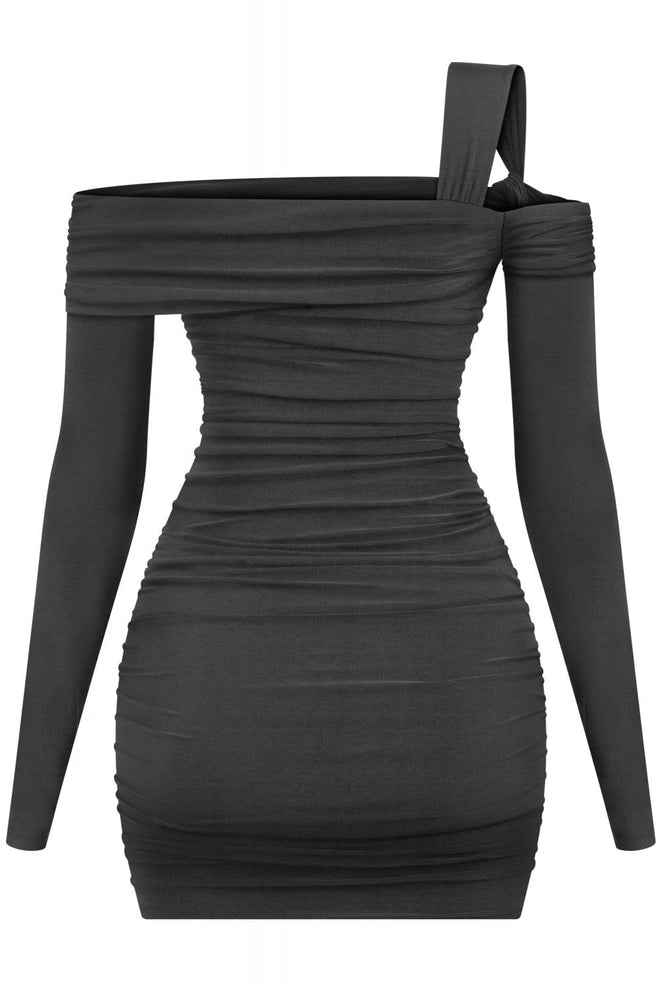 Holiday Hottie Asymmetrical Ruched Mini Dress Black Dresses Tresser 