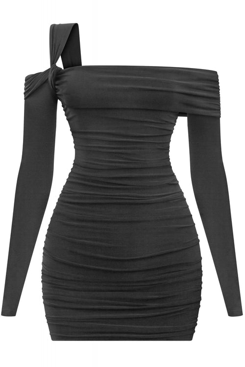 Holiday Hottie Asymmetrical Ruched Mini Dress Black - Style Delivers