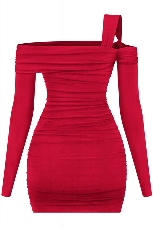 Holiday Hottie Asymmetrical Ruched Mini Dress Red