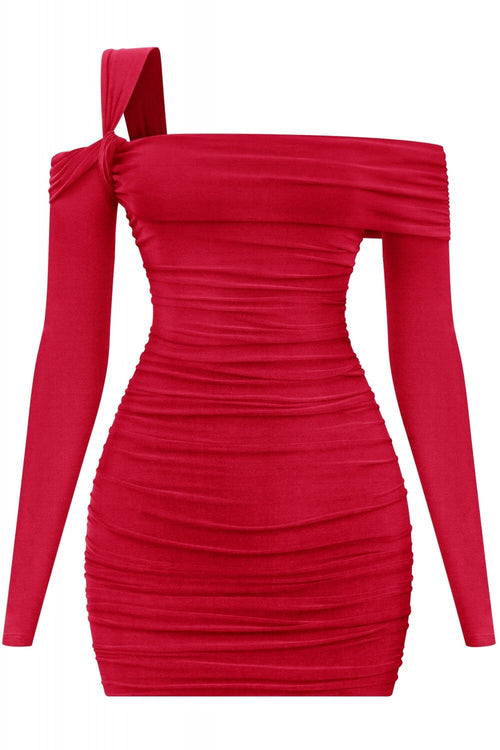 Holiday Hottie Asymmetrical Ruched Mini Dress Red