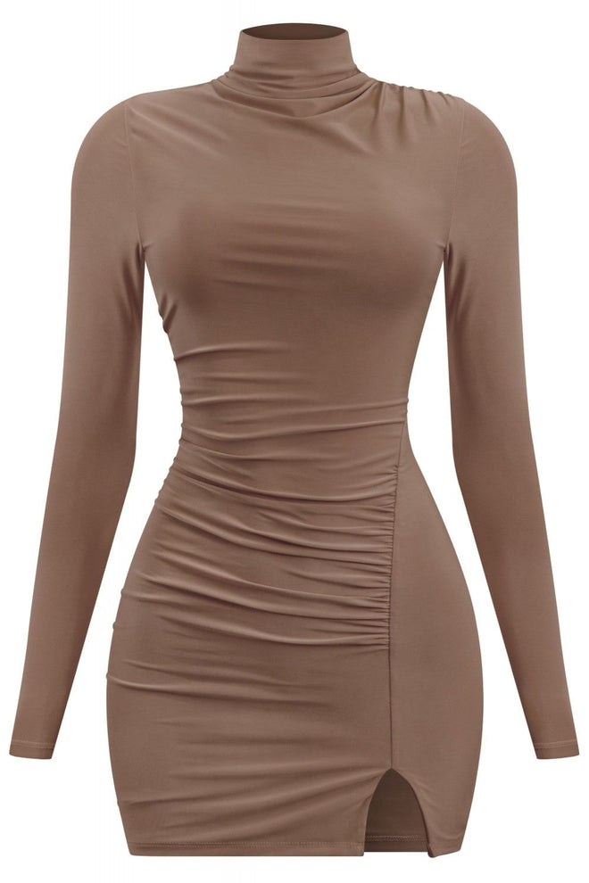 Deja Mock Neck Mini Dress Mocha - Style Delivers