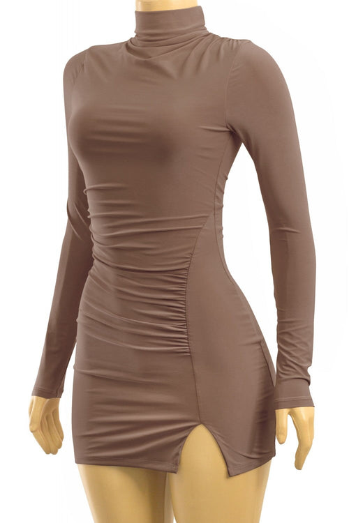 Deja Mock Neck Mini Dress Mocha - Style Delivers