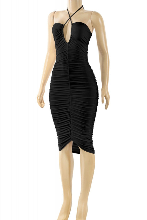 Katarina Ruched Midi Dress Black - Style Delivers