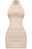 Causing a Commotion Halter Mini Dress Beige
