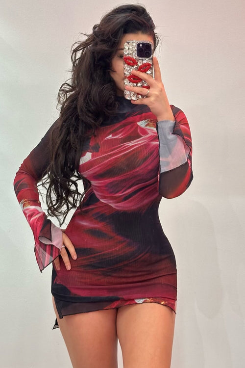 Abstract Mesh High Neck Mini Dress Red - Style Delivers