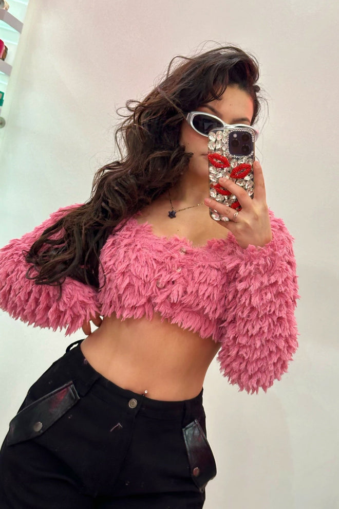 Cotton Candy Fuzzy Crop Sweater Pink - Style Delivers