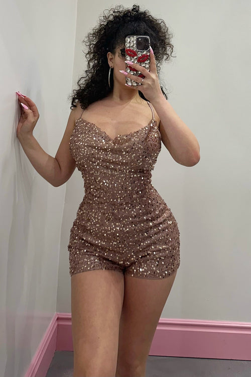 Merry & Bright Sequin Romper Mocha - Style Delivers