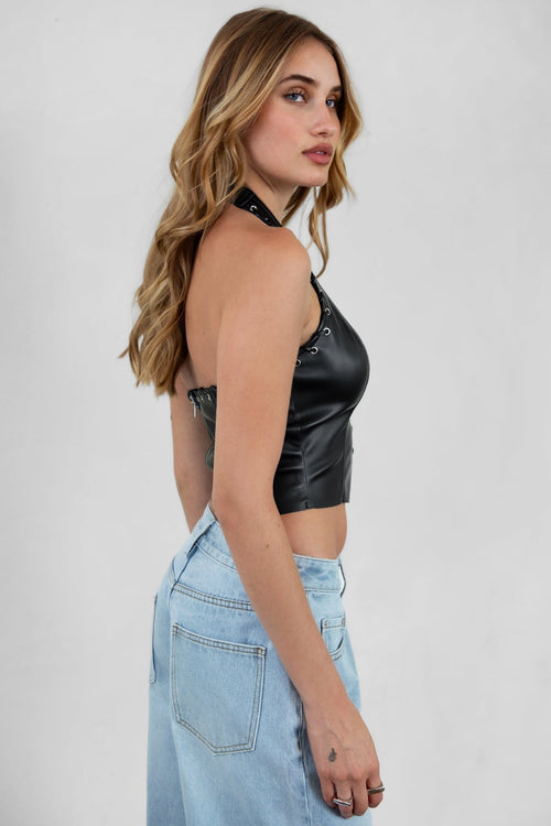 Linnea Faux Leather Halter Top Black - Style Delivers