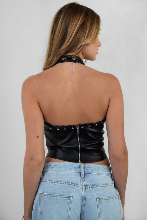 Linnea Faux Leather Halter Top Black - Style Delivers