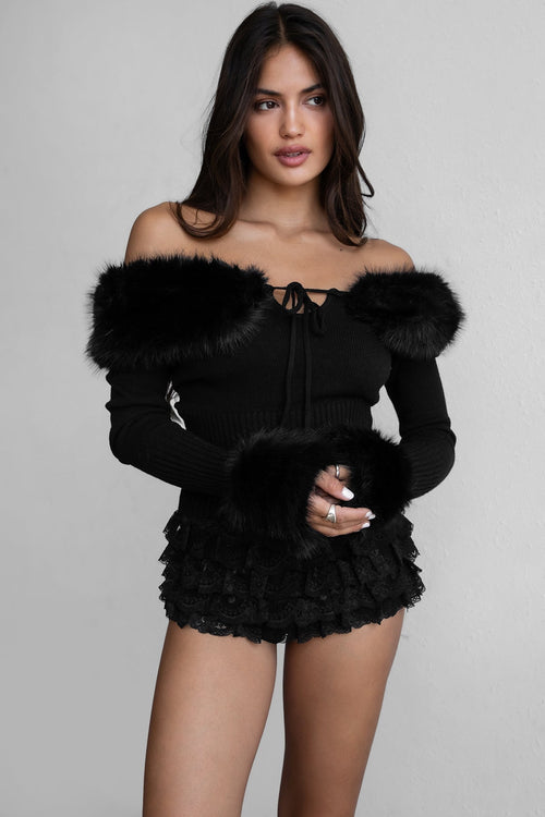 Izabel Faux Fur Knit Top Black - Style Delivers