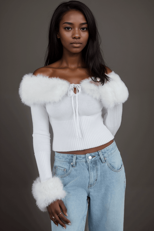 Izabel Faux Fur Knit Top White - Style Delivers