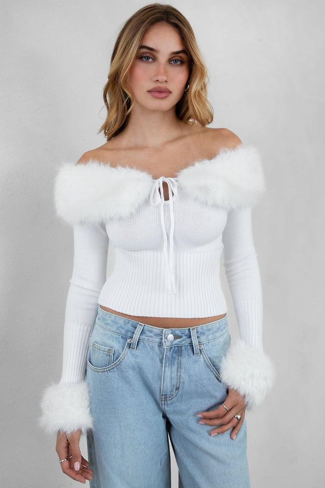 Izabel Faux Fur Knit Top White - Style Delivers