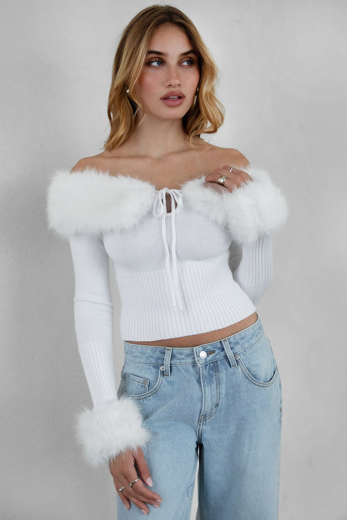 Izabel Faux Fur Knit Top White - Style Delivers