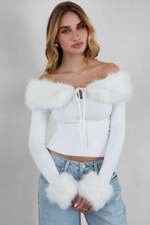 Izabel Faux Fur Knit Top White - Style Delivers