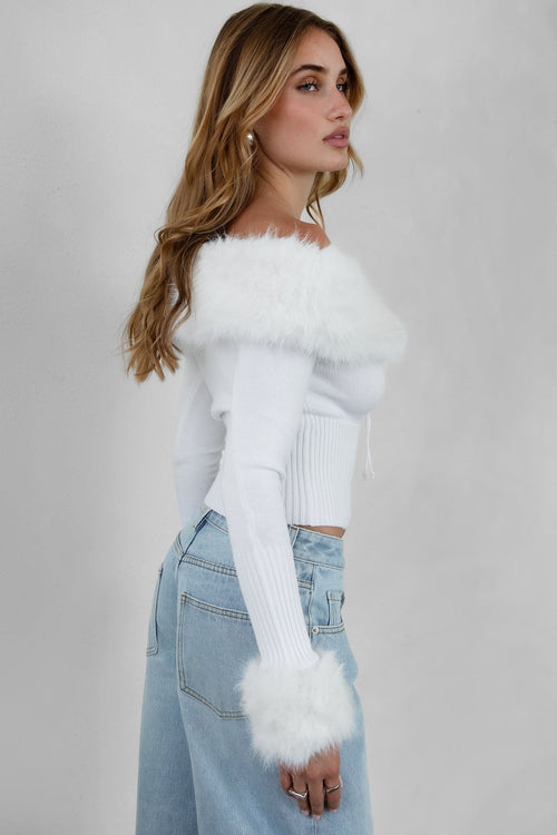 Izabel Faux Fur Knit Top White - Style Delivers