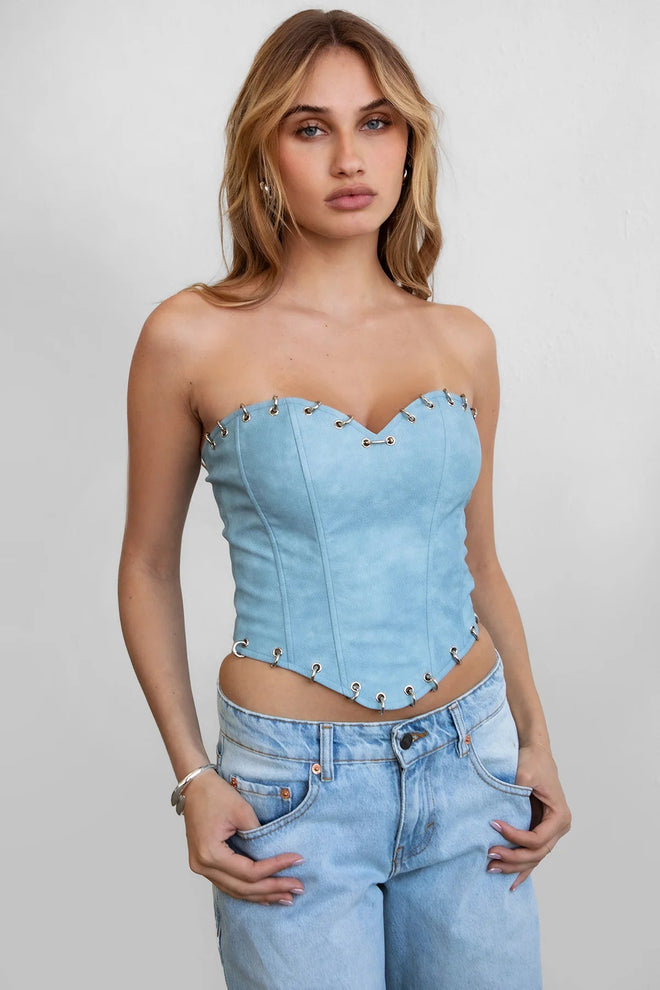 Nycole Leather Corset Top Light Blue - Style Delivers
