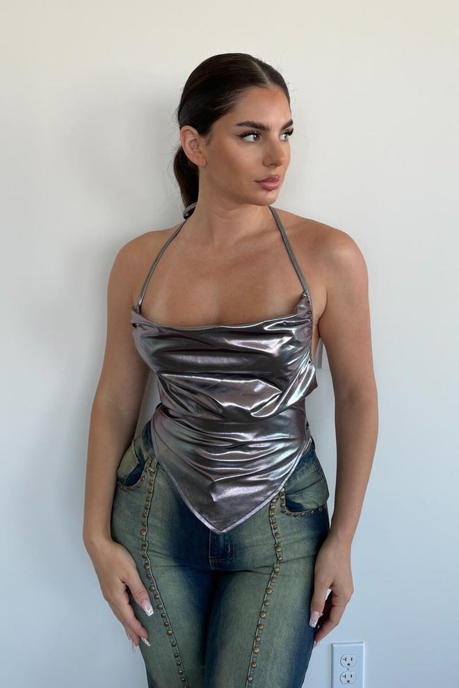 Forward Metallic Cowl Neck Tie Top Silver - Style Delivers