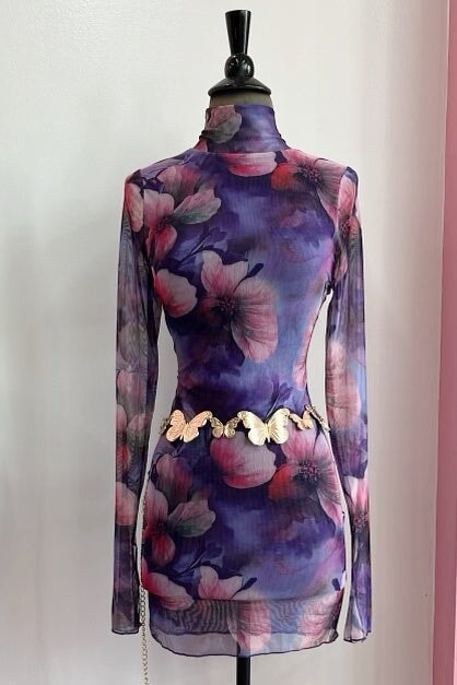Abstract Mesh High Neck Mini Dress Purple