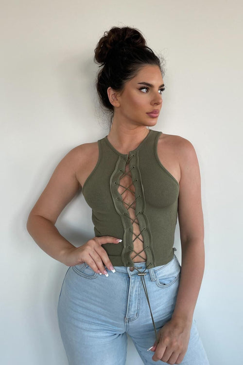 Aim On It Lace Up Crop Top Moss - Style Delivers