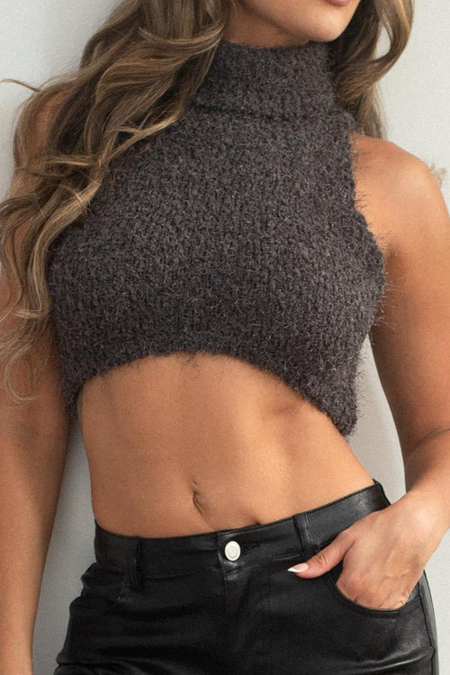 Snow White Knit High Neck Crop Top Charcoal - Style Delivers