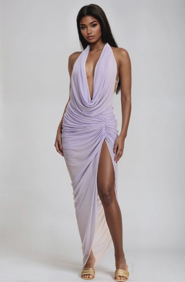 Malika Mesh Ruched Rhinestone Maxi Dress Lilac - Style Delivers