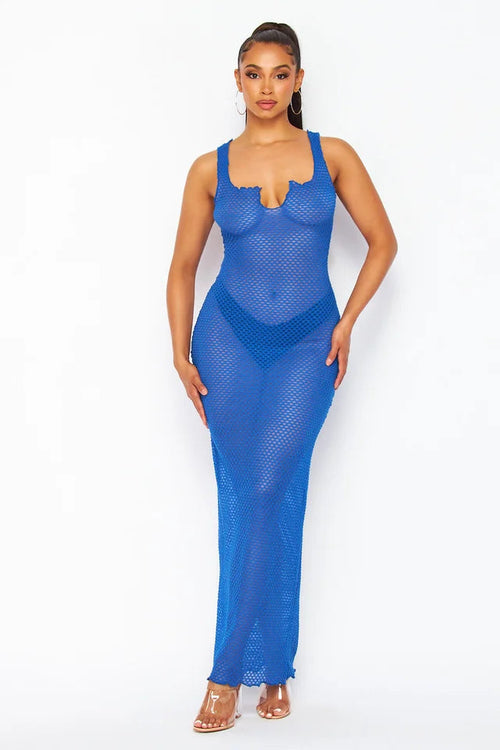 Royal Blue Caught Up In It Fishnet Maxi Dress - Style Delivers