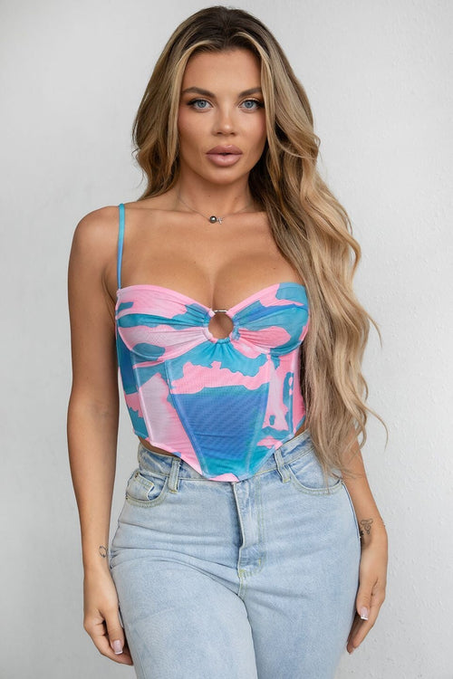 Key West Mesh Print Cami Top Pink & Baby Blue - Style Delivers