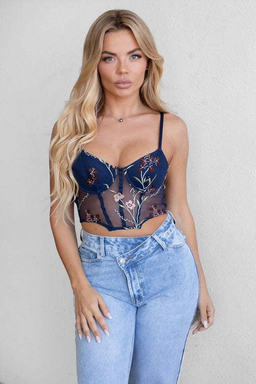 Tuscany Embroidered Mesh Corset Top Navy – Style Delivers