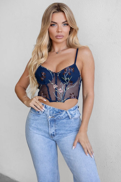 Tuscany Embroidered Mesh Corset Top Navy - Style Delivers