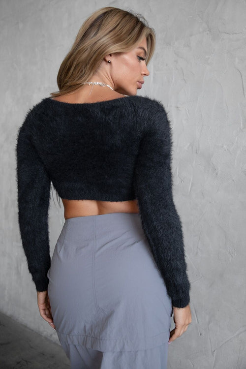 Jolynn Fuzzy Knit Crop Top Black - Style Delivers
