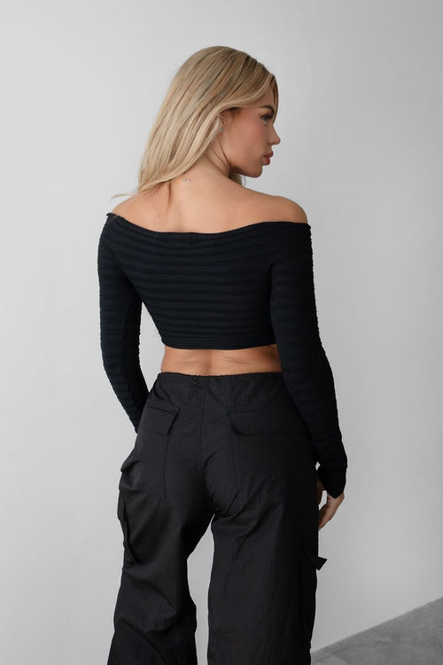 Katie Ribbed Knit Off Shoulder Crop Sweater Black - Style Delivers