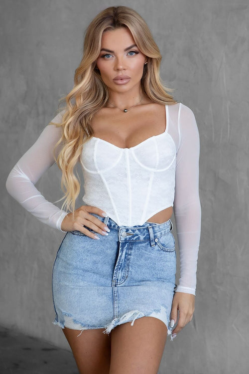 Baylene Stretch Lace Long Sleeve Top White - Style Delivers