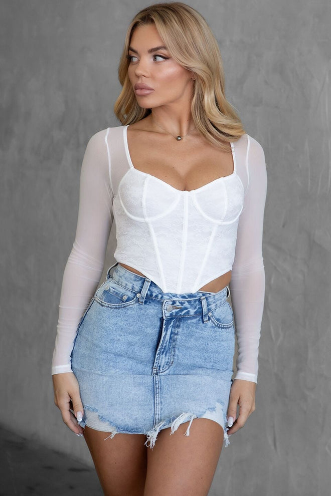 Baylene Stretch Lace Long Sleeve Top White - Style Delivers