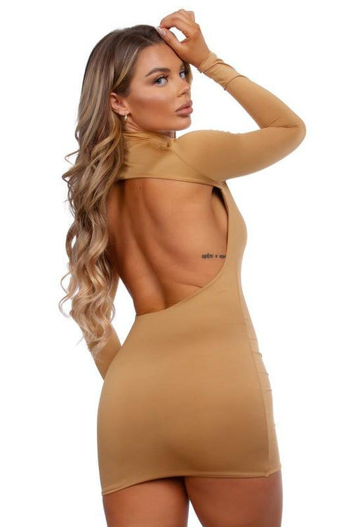Whitney Mock Neck Mini Dress Taupe - Style Delivers