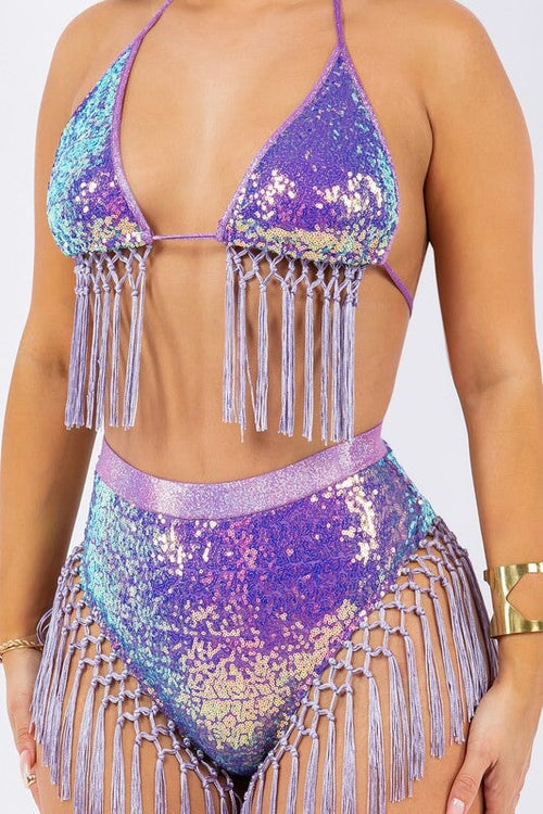 Love Don't Cost a Thing Sequin Fringe Two Piece Set Lavender - Style Delivers