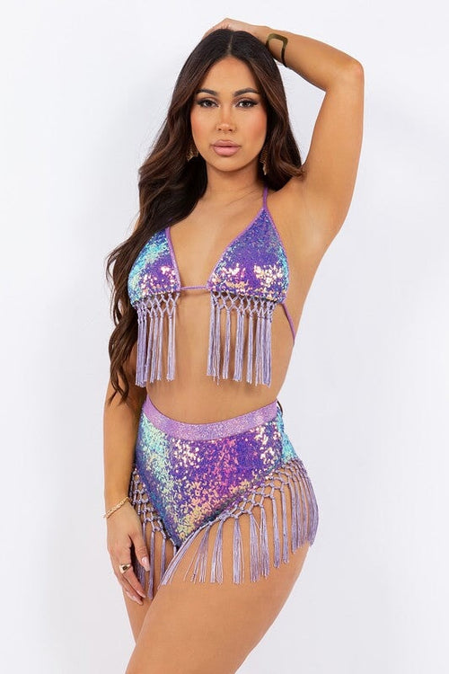Love Don't Cost a Thing Sequin Fringe Two Piece Set Lavender - Style Delivers
