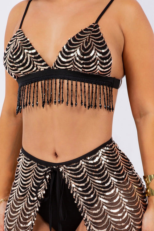Get Your Freak On Scalloped Sequin Fringe Three Piece Set Black/Gold - Style Delivers