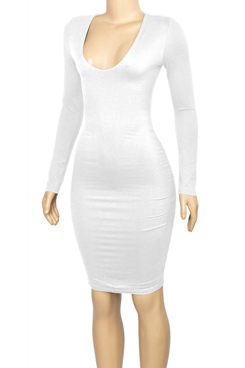 Charlee Deep V Long Sleeve Midi Dress Off White - Style Delivers