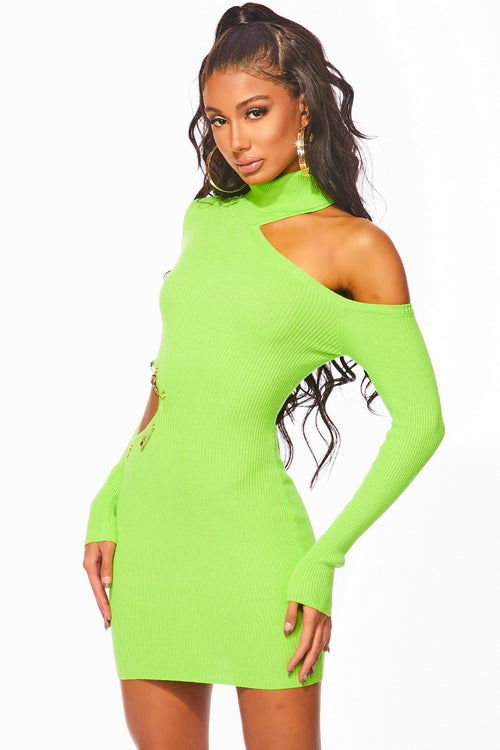 Donatella Knit Turtleneck Mini Dress Lime - Style Delivers