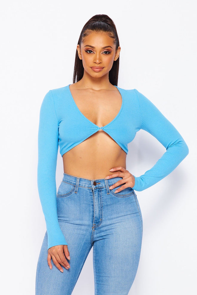 Melanie Long Sleeve Knit Crop Top Blue - Style Delivers