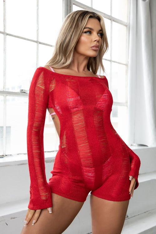 Maldives Long Sleeve Ladder Knit Romper Red - Style Delivers
