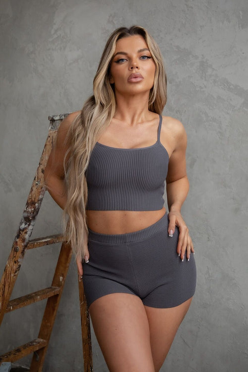 Krizia Spaghetti Strap Ribbed Knit Crop Top Charcoal - Style Delivers