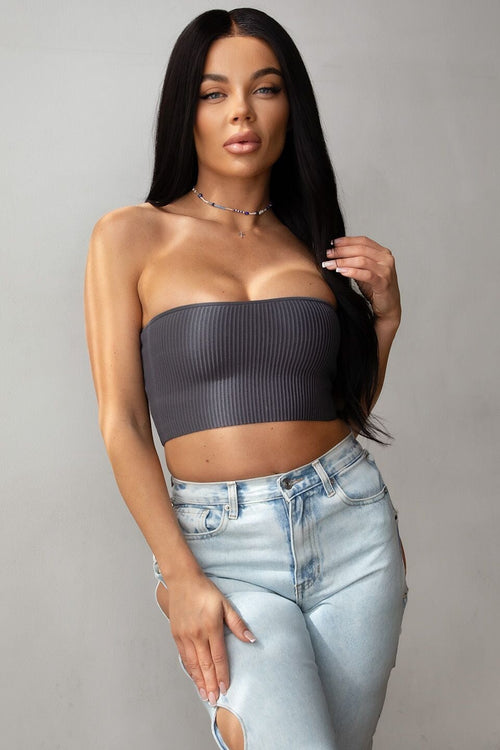Nema Ribbed Knit Bandeau Top Charcoal - Style Delivers